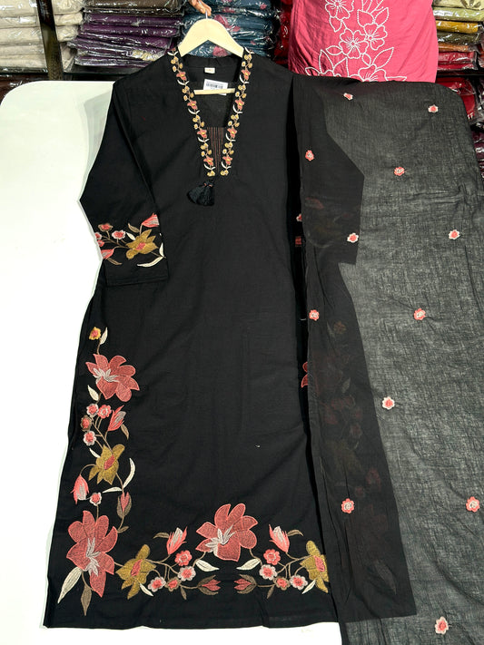 Black beautiful floral Embroidered khadi cotton suit RR1072 Black