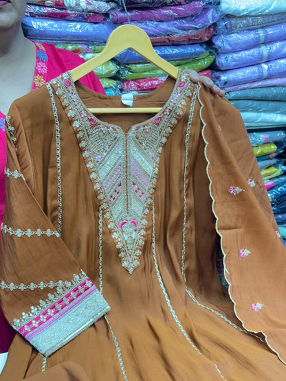 Designer Pure Mul Chanderi Zari Work Anarkali Kurta Set | 3-Piece Festive & Party Wear Ethnic Suit⁠