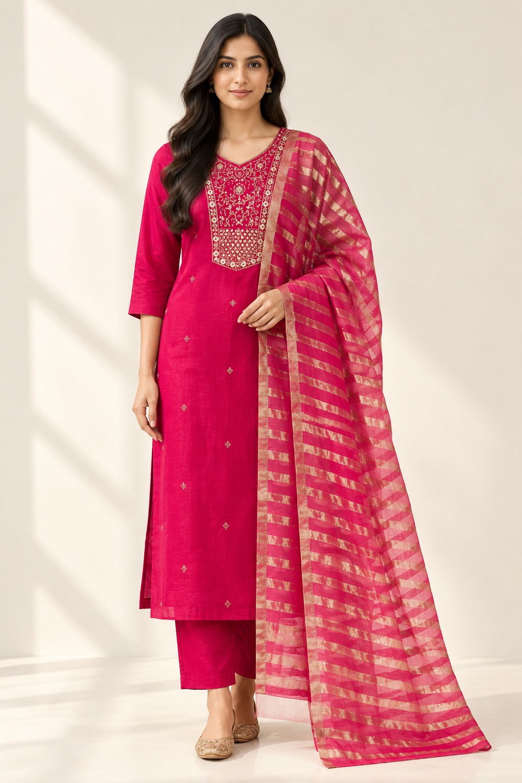 Dola Silk Straight Kurti Pant Set with Beads Work and Golden Print Dupatta – RR1664