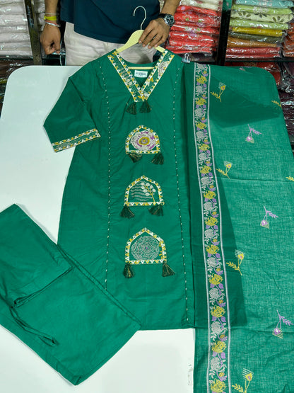 Pure Cotton Semi Formal Straight Suit With Beautiful Embroidery work on Designer Neck RR1322-Green