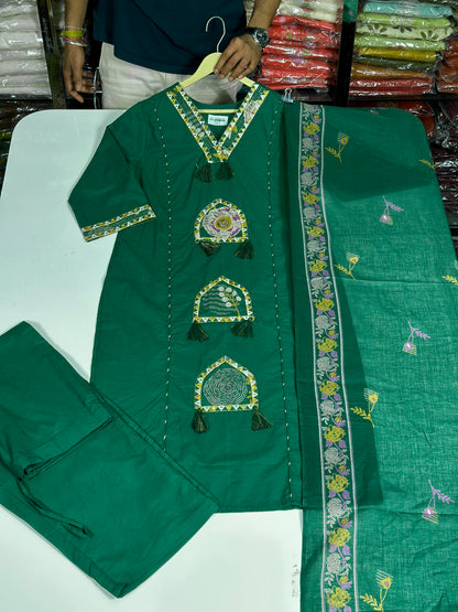 Pure Cotton Semi Formal Straight Suit With Beautiful Embroidery work on Designer Neck RR1322-Green
