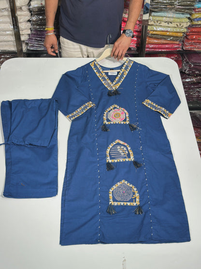 Pure Cotton Semi Formal Straight Suit With Beautiful Embroidery work on Designer Neck RR1322-Blue