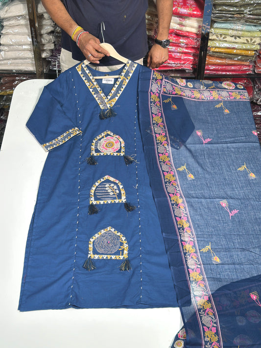 Pure Cotton Semi Formal Straight Suit With Beautiful Embroidery work on Designer Neck RR1322-Blue