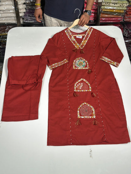 Pure Cotton Semi Formal Straight Suit With Beautiful Embroidery work on Designer Neck RR1322-REDESH MAROON