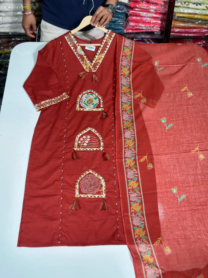 Pure Cotton Semi Formal Straight Suit With Beautiful Embroidery work on Designer Neck RR1322-REDESH MAROON