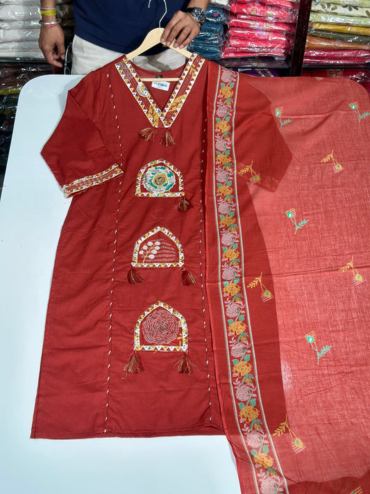 Pure Cotton Semi Formal Straight Suit With Beautiful Embroidery work on Designer Neck RR1322-REDESH MAROON