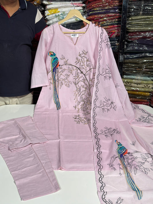 Pink Premium Kora Cotton Designer Neck Embroidered Straight Suit RR1370-PINK