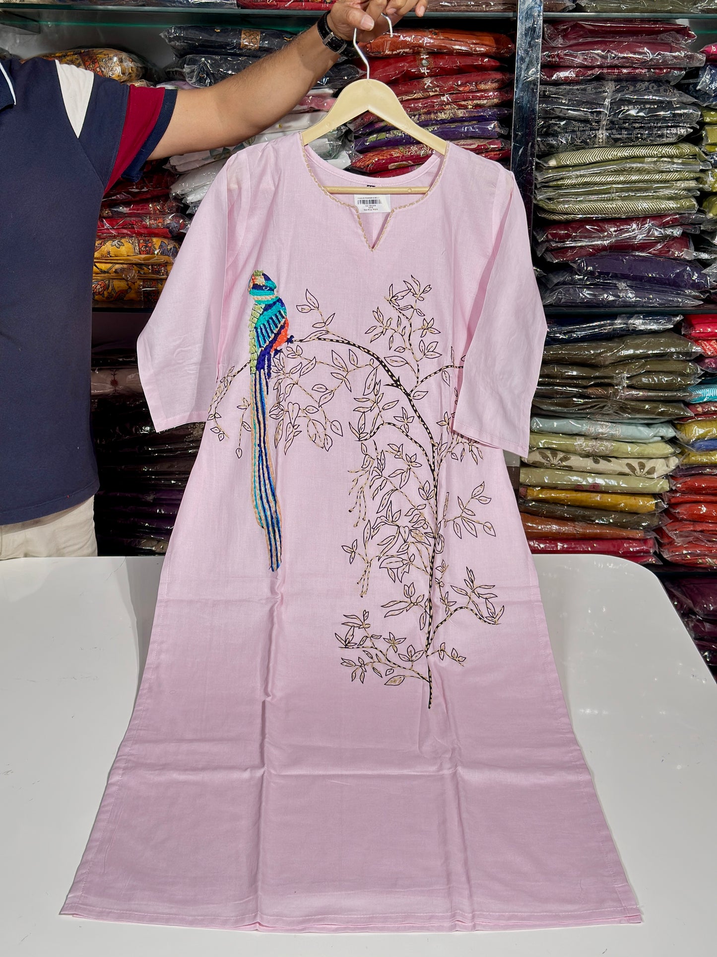 Pink Premium Kora Cotton Designer Neck Embroidered Straight Suit RR1370-PINK