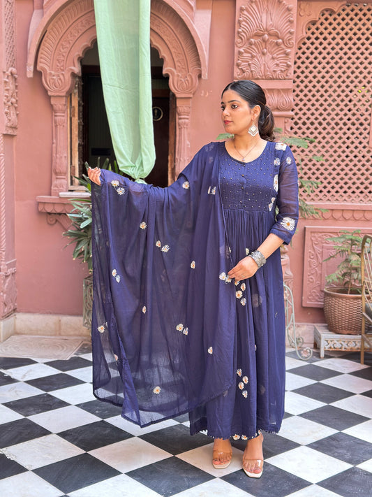Women Embroidered Pure Cotton Kurta Set (RR1001-Blue)