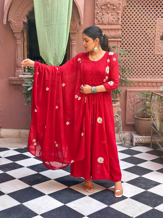 Women Embroidered Pure Cotton Kurta Set (RR1002-Red)