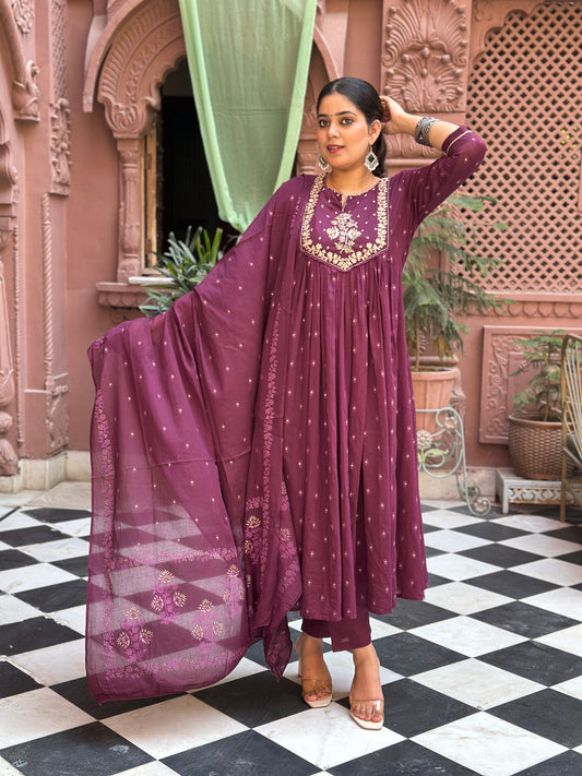 Women Embroidered With Adda Work Pure Cotton Kurta Set (RR1003-Purple)