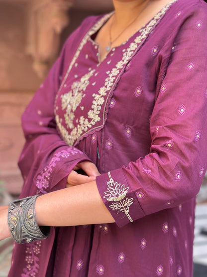 Women Embroidered With Adda Work Pure Cotton Kurta Set (RR1003-Purple)