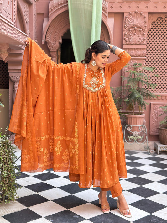 Women Embroidered With Adda Work Pure Cotton Kurta Set (RR1004-Orange)