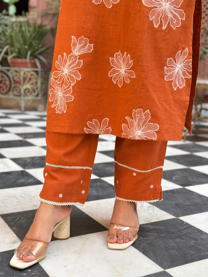 Women's Orange Embroidered Cotton Slub Straight Kurta Set – Festive Wear (RR1006-Orange)