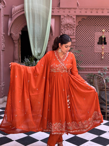 Women's Orange Embroidered Cotton Anarkali Kurta Set – Festive Wear (RR1008-Orange)