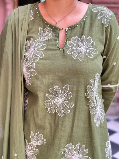 Women's Green Embroidered Cotton Slub Straight Kurta Set – Festive Wear (RR1009-Green)