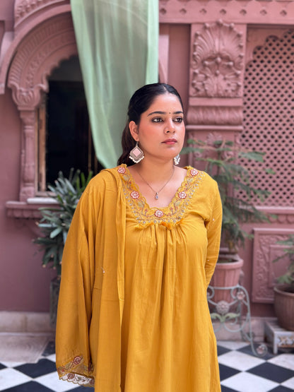 Women's Mustard Embroidered Cotton Anarkali Kurta Set – Festive Wear (RR1010-Mustard)