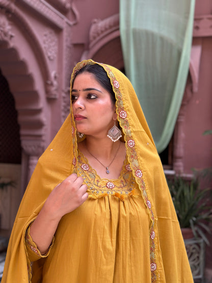 Women's Mustard Embroidered Cotton Anarkali Kurta Set – Festive Wear (RR1010-Mustard)