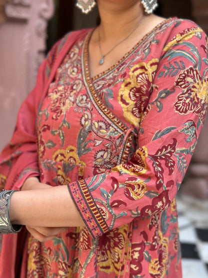 Women's Pink Embroidered Cotton Anarkali Kurta Set with Adda Work – Festive Wear (RR1011-Pink)