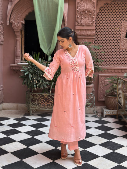 Women's Pink Embroidered Cotton Straight Kurta Set – Festive Wear (RR1012-Pink)