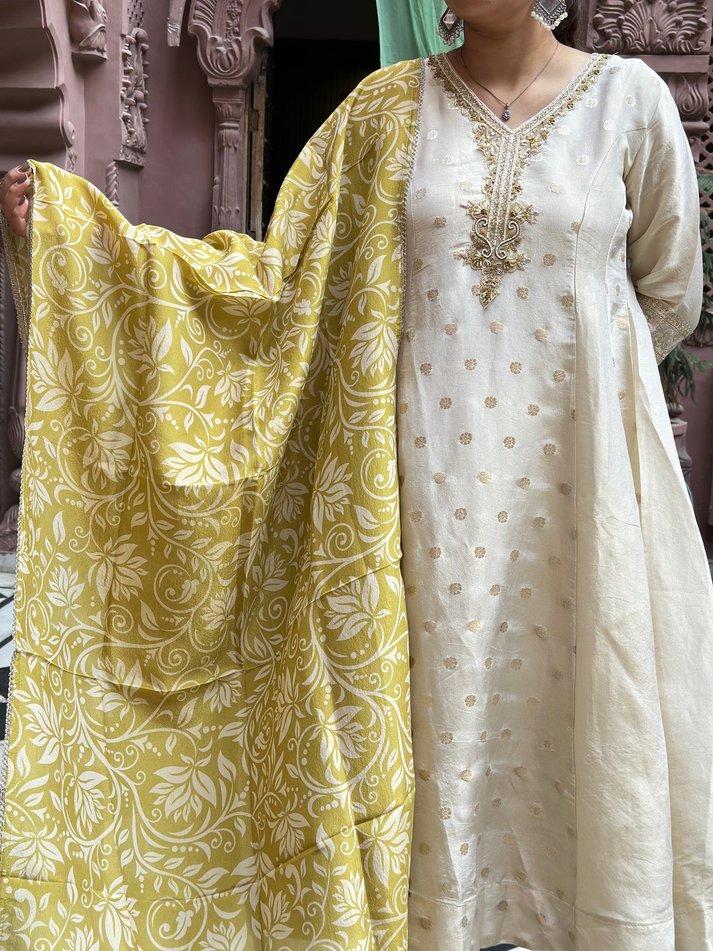 Women's White Anarkali Kurta Set with Adda Work & Organza Dupatta – Festive Wear (RR1014-White)