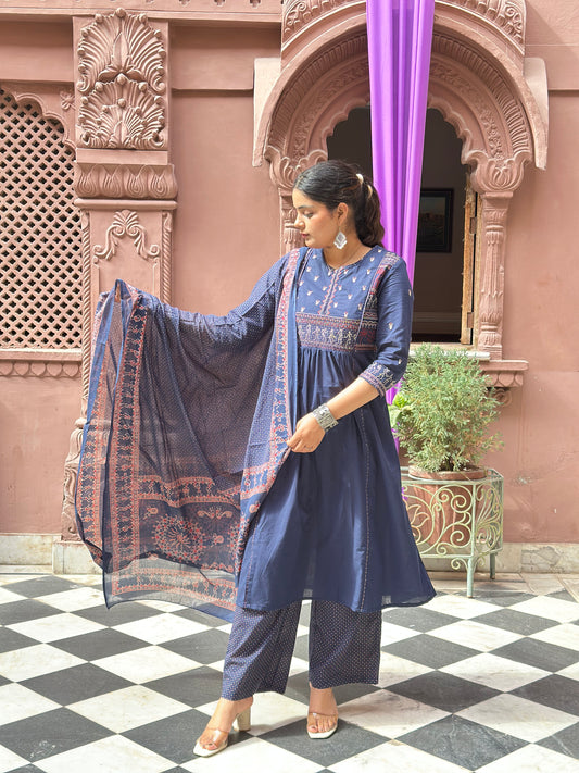 Women's Blue Embroidered Cotton Anarkali Kurta Set – Festive Wear (RR1015-Blue)