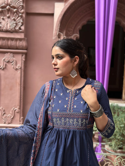 Women's Blue Embroidered Cotton Anarkali Kurta Set – Festive Wear (RR1015-Blue)