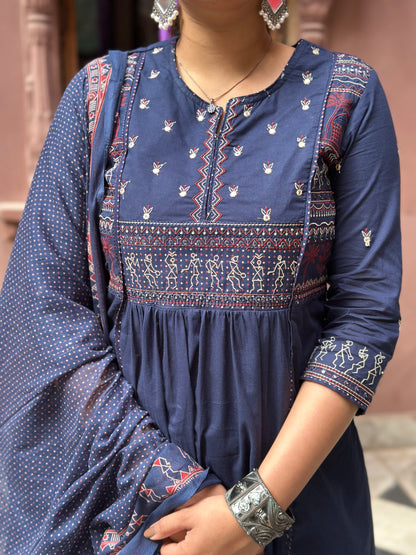 Women's Blue Embroidered Cotton Anarkali Kurta Set – Festive Wear (RR1015-Blue)