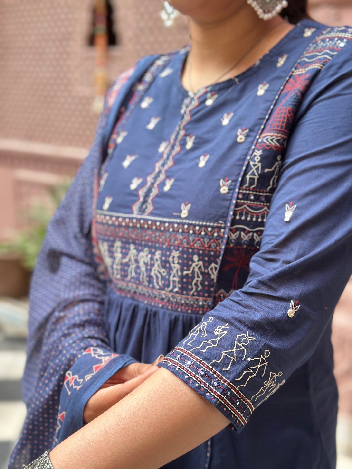 Women's Blue Embroidered Cotton Anarkali Kurta Set – Festive Wear (RR1015-Blue)