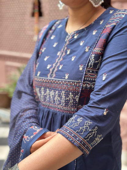 Women's Blue Embroidered Cotton Anarkali Kurta Set – Festive Wear (RR1015-Blue)