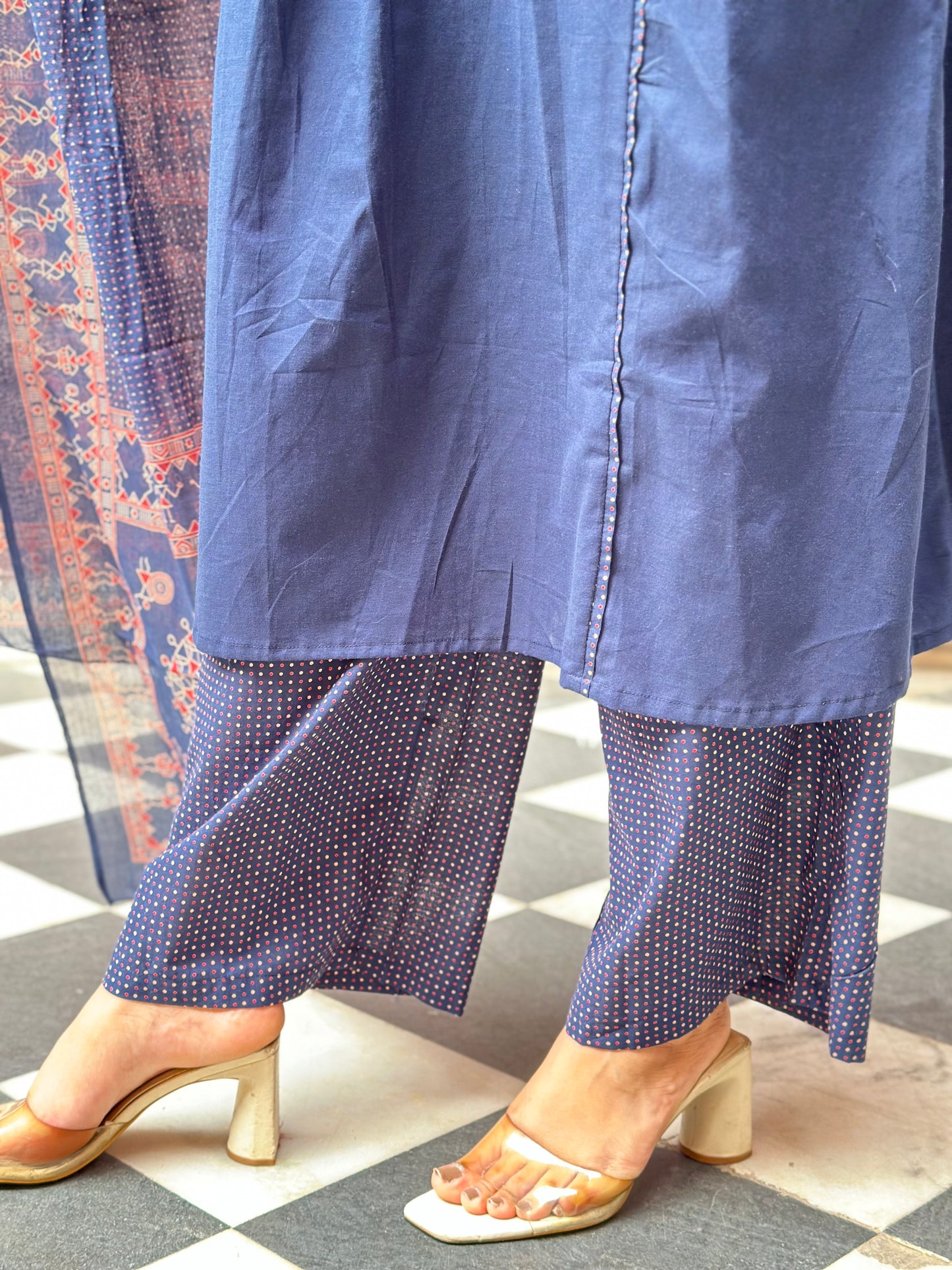 Women's Blue Embroidered Cotton Anarkali Kurta Set – Festive Wear (RR1015-Blue)