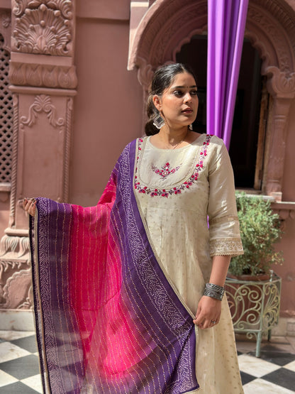 Women's White Anarkali Kurta Set with Adda Work & Organza Dupatta – Festive Wear (RR1017-White)