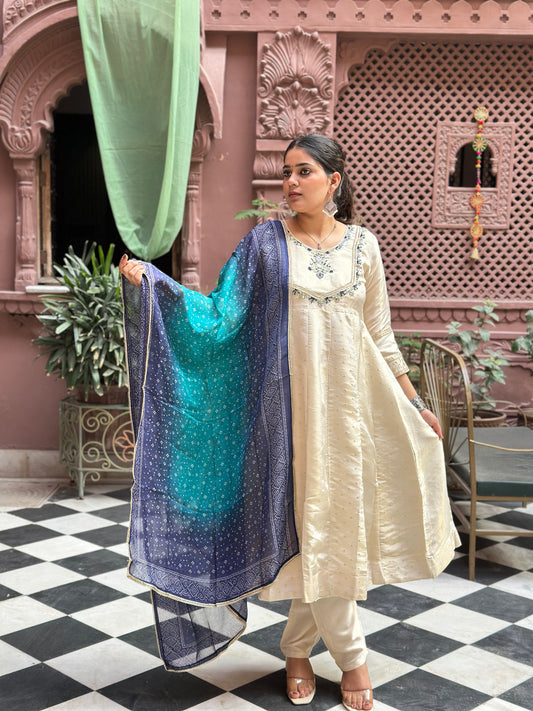 Women's White Anarkali Kurta Set with Adda Work & Organza Dupatta – Festive Wear (RR1019-White)