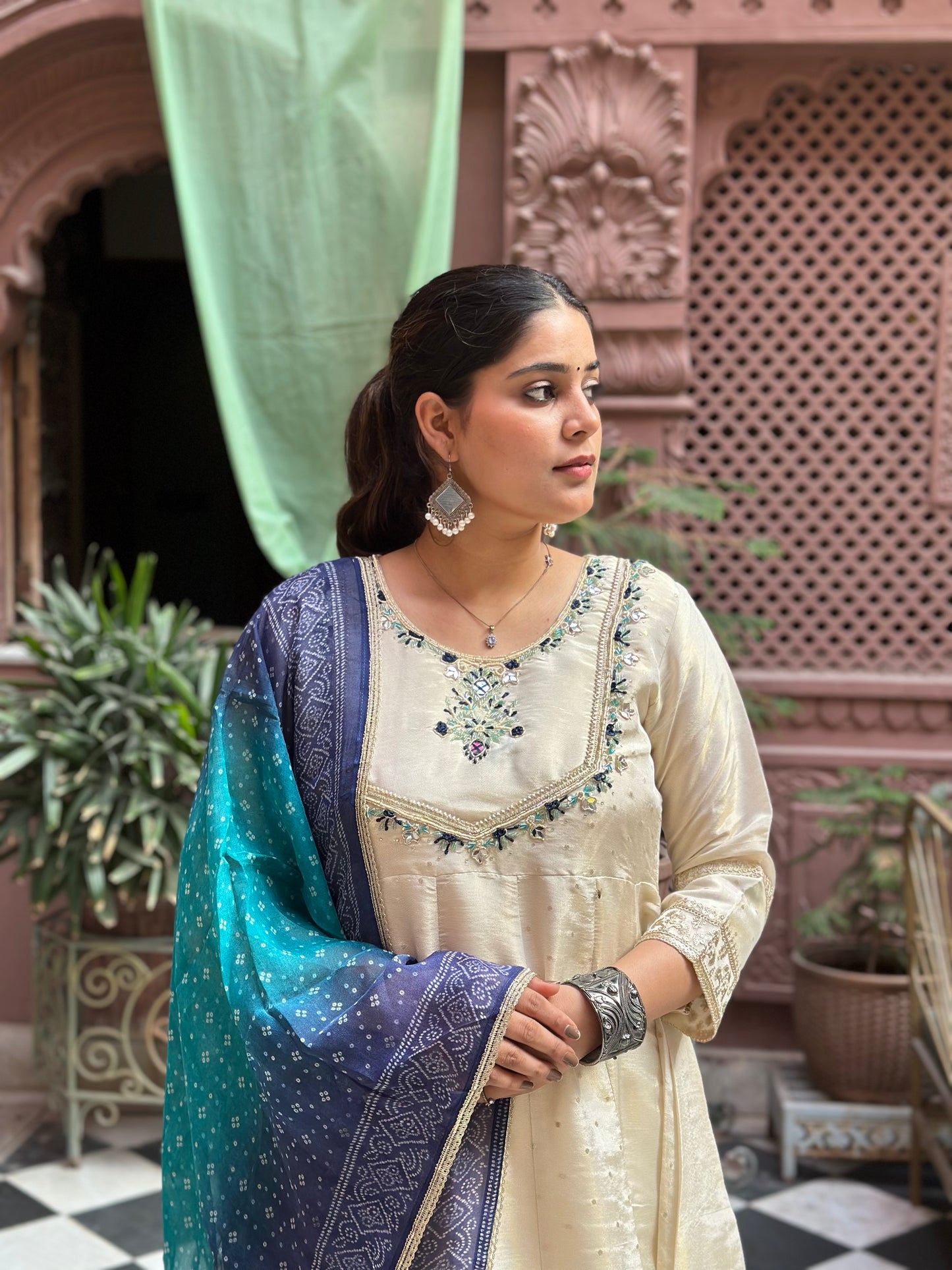 Women's White Anarkali Kurta Set with Adda Work & Organza Dupatta – Festive Wear (RR1019-White)