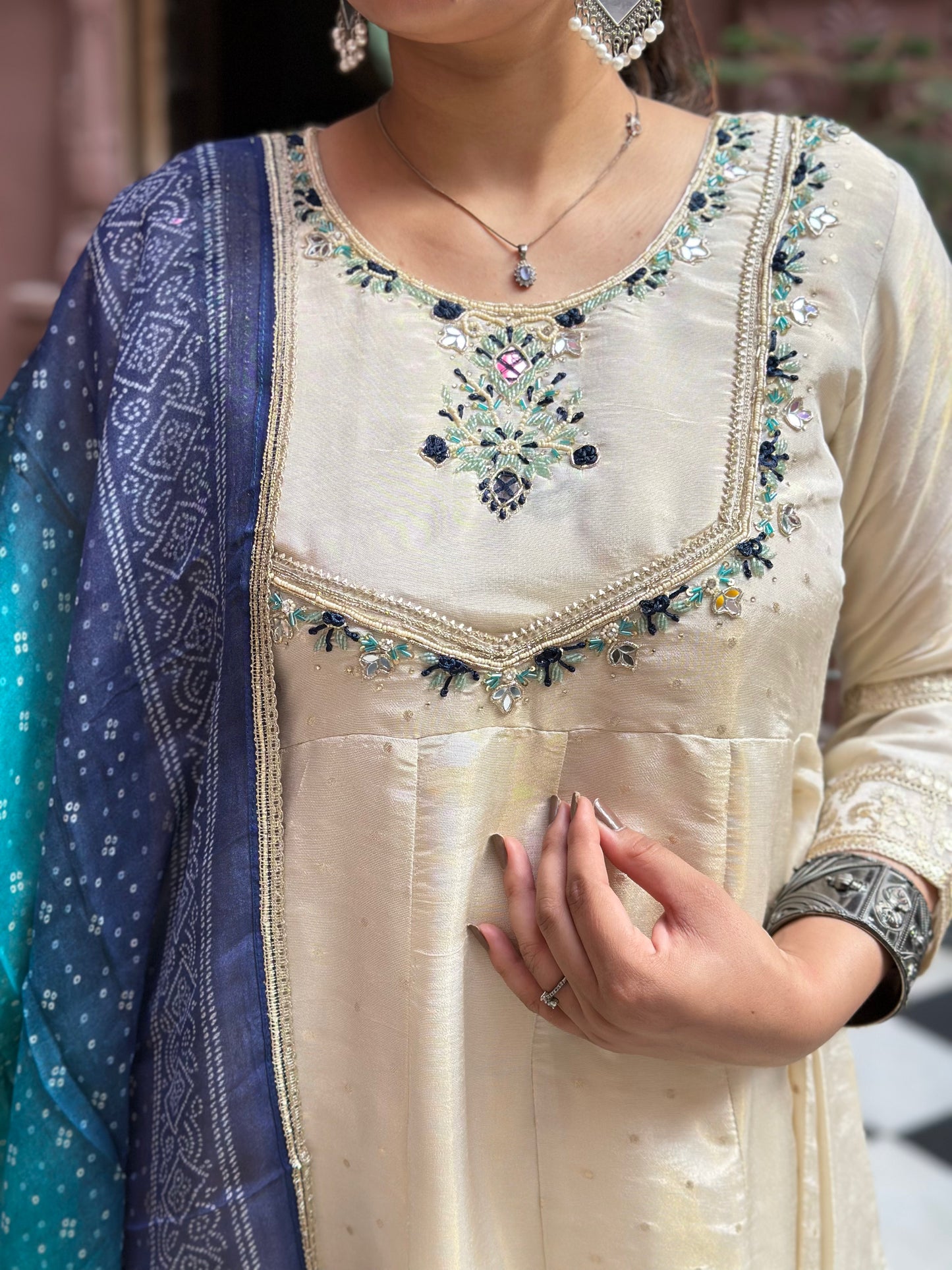 Women's White Anarkali Kurta Set with Adda Work & Organza Dupatta – Festive Wear (RR1019-White)