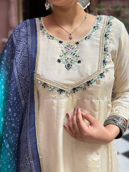 Women's White Anarkali Kurta Set with Adda Work & Organza Dupatta – Festive Wear (RR1019-White)