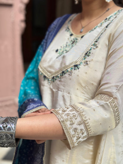 Women's White Anarkali Kurta Set with Adda Work & Organza Dupatta – Festive Wear (RR1019-White)