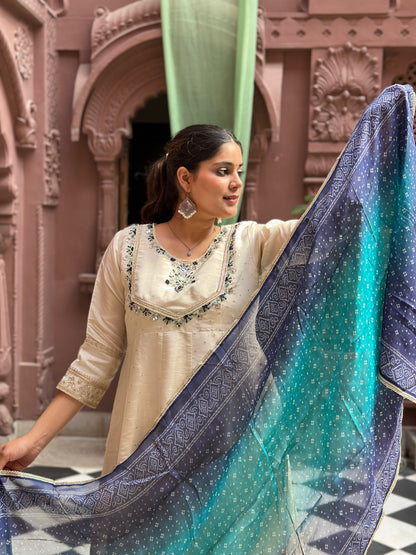 Women's White Anarkali Kurta Set with Adda Work & Organza Dupatta – Festive Wear (RR1019-White)