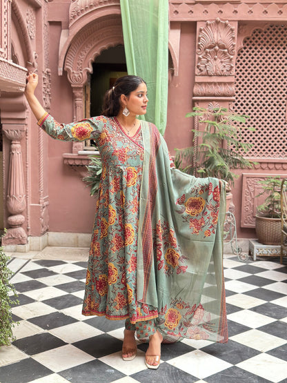 Women's Grey Cotton Anarkali Kurta Set with Embroidery & Floral Print – Festive Wear (RR1020-Grey)