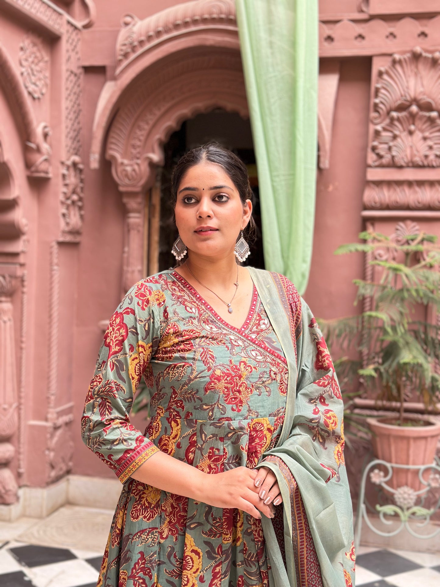 Women's Grey Cotton Anarkali Kurta Set with Embroidery & Floral Print – Festive Wear (RR1020-Grey)