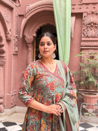 Women's Grey Cotton Anarkali Kurta Set with Embroidery & Floral Print – Festive Wear (RR1020-Grey)