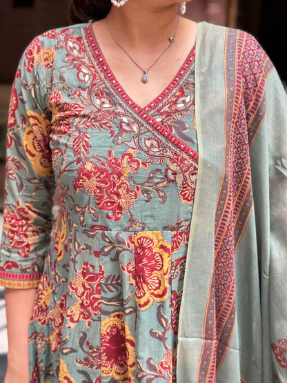 Women's Grey Cotton Anarkali Kurta Set with Embroidery & Floral Print – Festive Wear (RR1020-Grey)