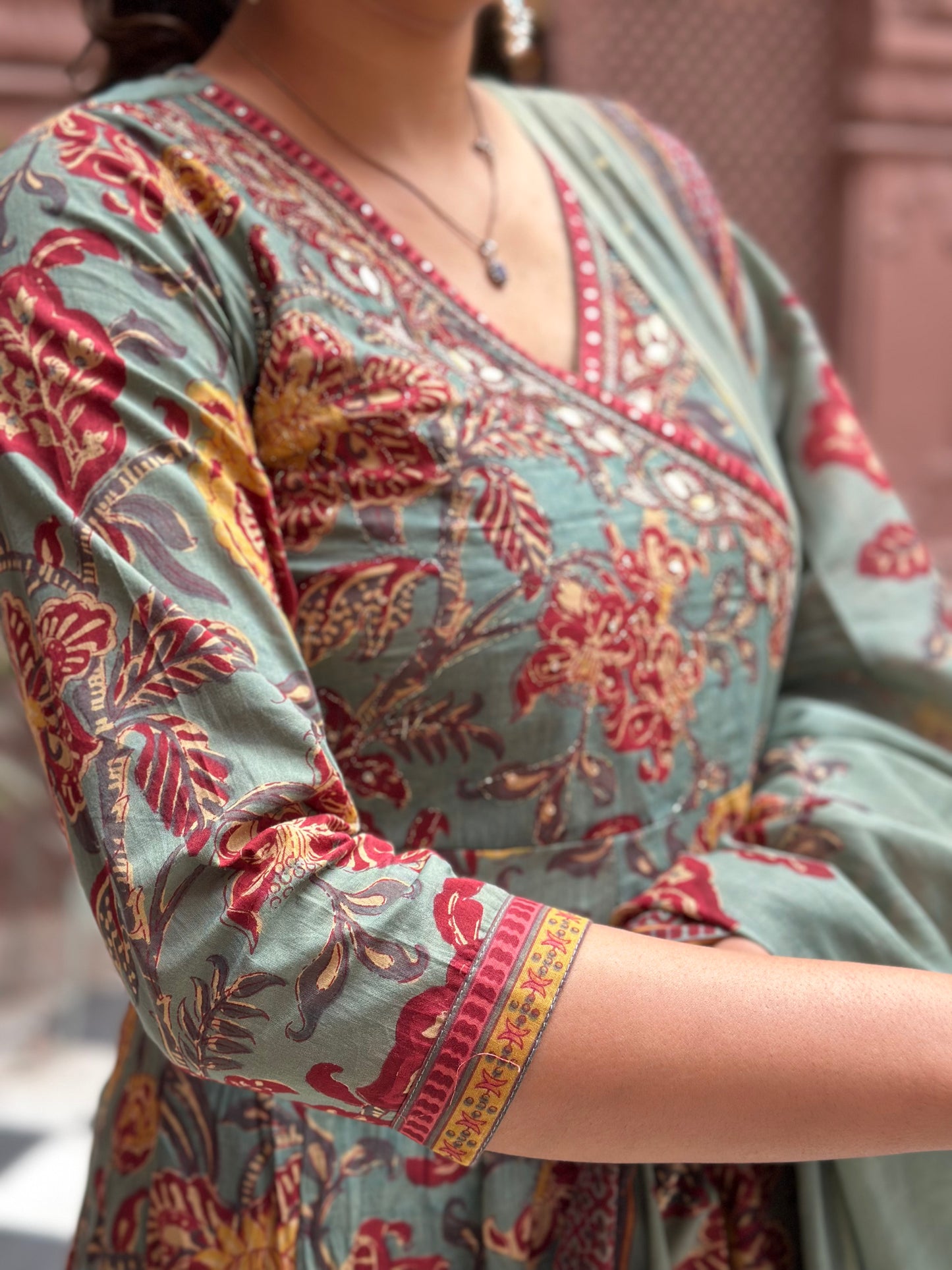 Women's Grey Cotton Anarkali Kurta Set with Embroidery & Floral Print – Festive Wear (RR1020-Grey)