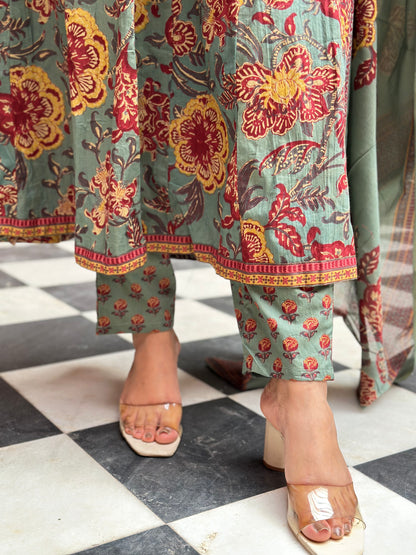 Women's Grey Cotton Anarkali Kurta Set with Embroidery & Floral Print – Festive Wear (RR1020-Grey)