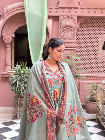 Women's Grey Cotton Anarkali Kurta Set with Embroidery & Floral Print – Festive Wear (RR1020-Grey)