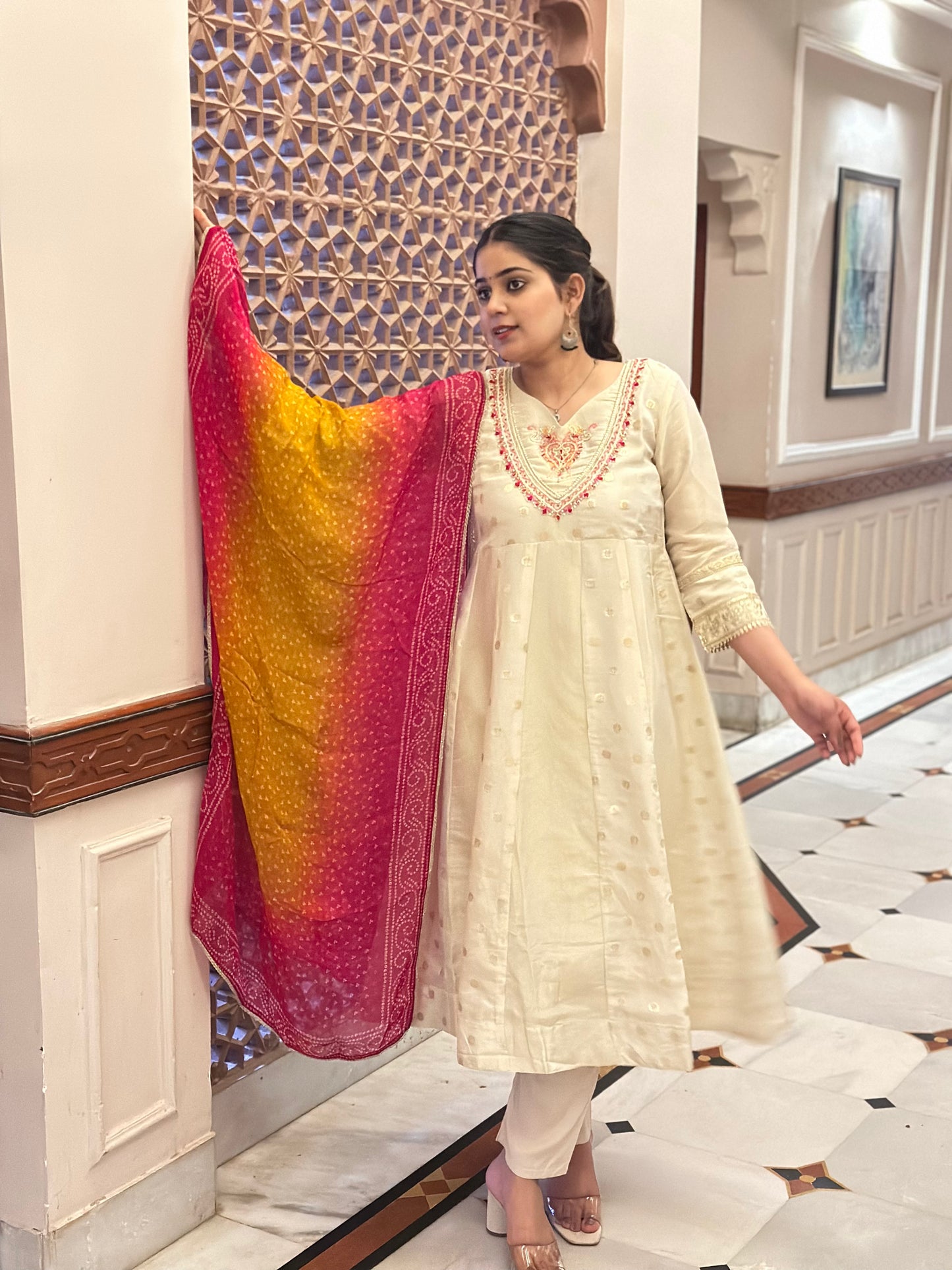 Women's White Shimmar Silk Anarkali Kurta Set with Embroidery & Organza Dupatta – Festive Wear (RR1024-White)