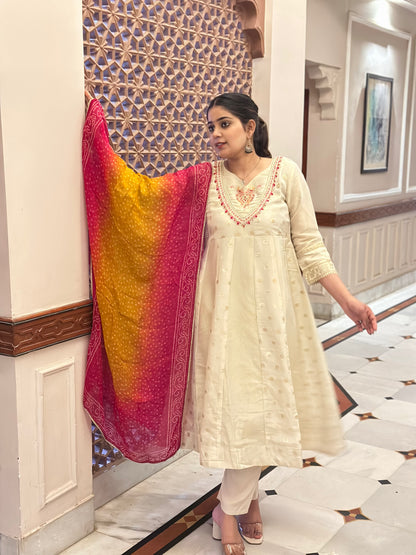 Women's White Shimmar Silk Anarkali Kurta Set with Embroidery & Organza Dupatta – Festive Wear (RR1024-White)