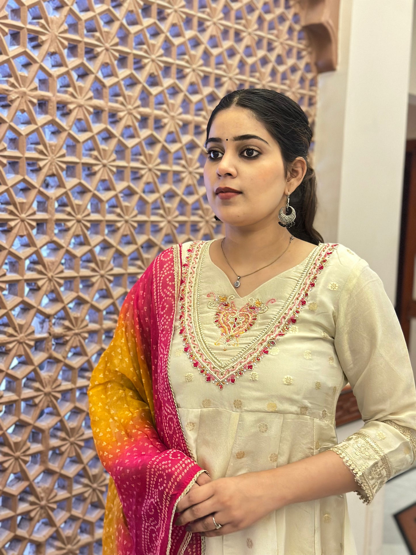 Women's White Shimmar Silk Anarkali Kurta Set with Embroidery & Organza Dupatta – Festive Wear (RR1024-White)