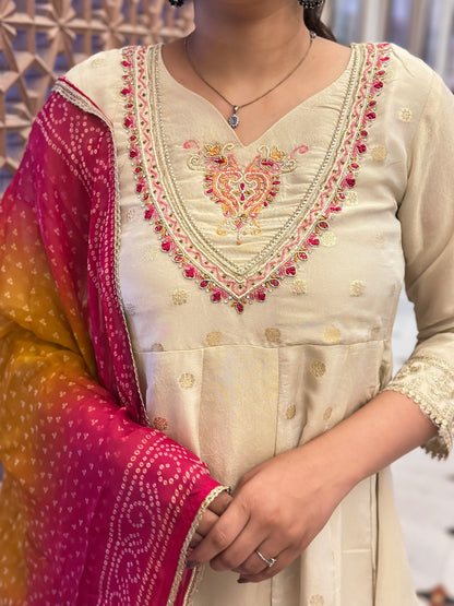 Women's White Shimmar Silk Anarkali Kurta Set with Embroidery & Organza Dupatta – Festive Wear (RR1024-White)