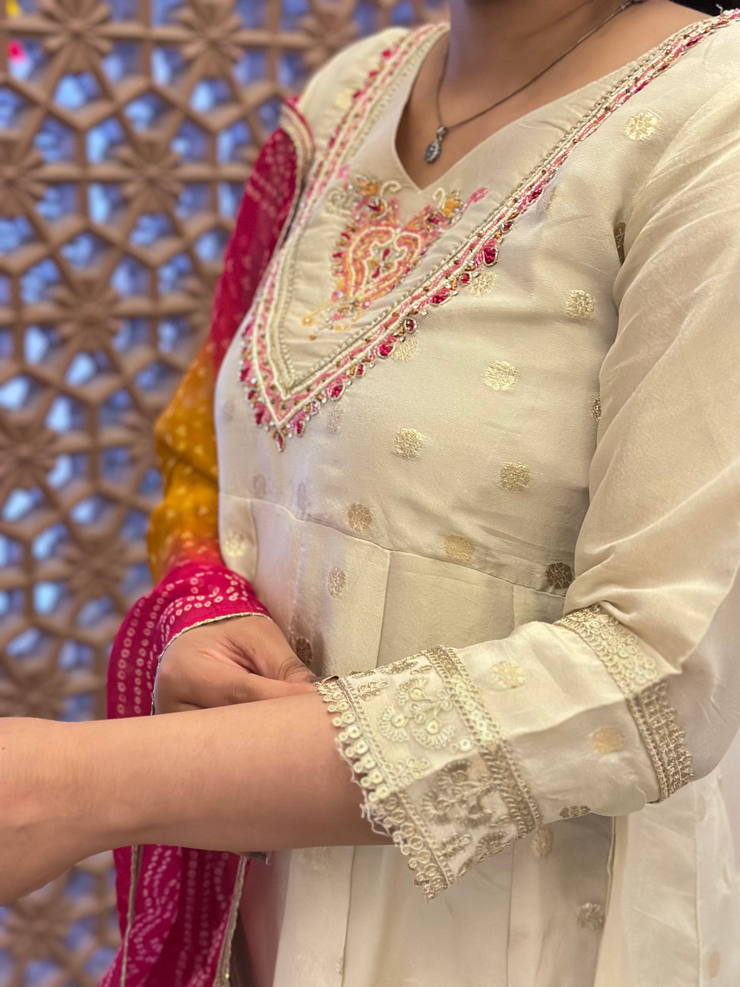 Women's White Shimmar Silk Anarkali Kurta Set with Embroidery & Organza Dupatta – Festive Wear (RR1024-White)